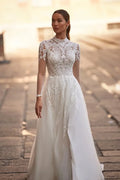 Elegant A-Line Wedding Dress with Illusion Sleeves, High Neckline, and Exquisite Embellishments Satin