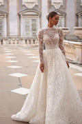 Elegant A-Line Wedding Dress with Long Sleeves, Halter Neckline, and Button Embellishments Satin