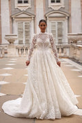 Elegant A-Line Wedding Dress with Long Sleeves, Halter Neckline, and Button Embellishments Satin