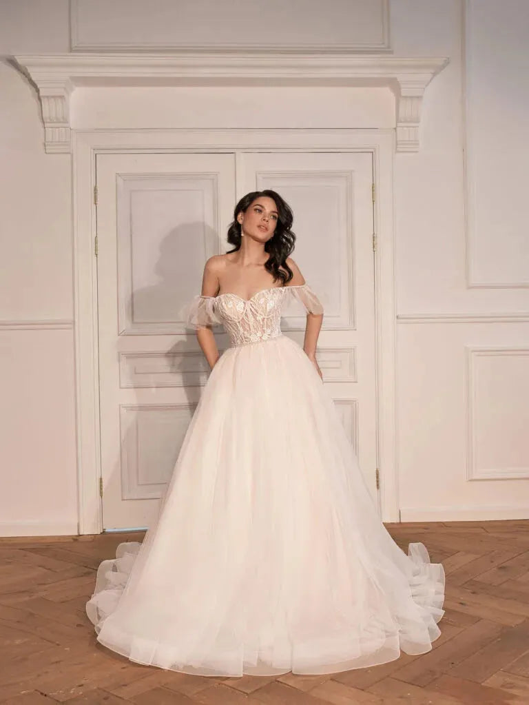 Elegant Off The Shoulder Lace Appliques Tulle Wedding Dresses For Women Sweetheart A-Line Bridal Gowns Vestidos De Novia Satin