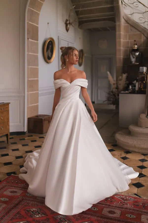 Satin Princess Wedding Dresses A Line Off The Shoulder Bride Dress Pleats Wedding Gowns Satin