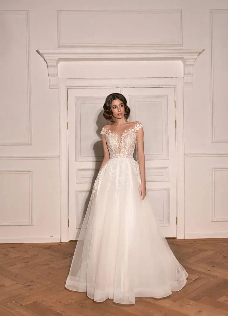 Classic A-Line Wedding Gown with Dropped Sleeves, Open Neckline, and Natural Waistline Satin