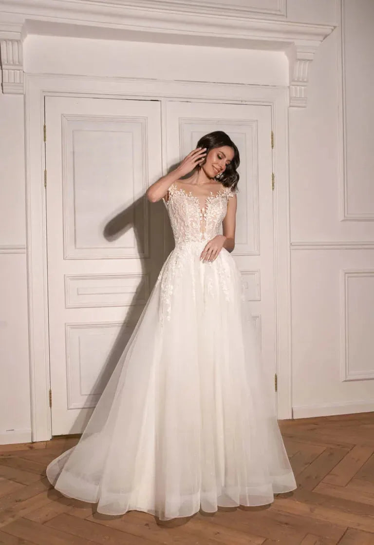 Classic A-Line Wedding Gown with Dropped Sleeves, Open Neckline, and Natural Waistline Satin
