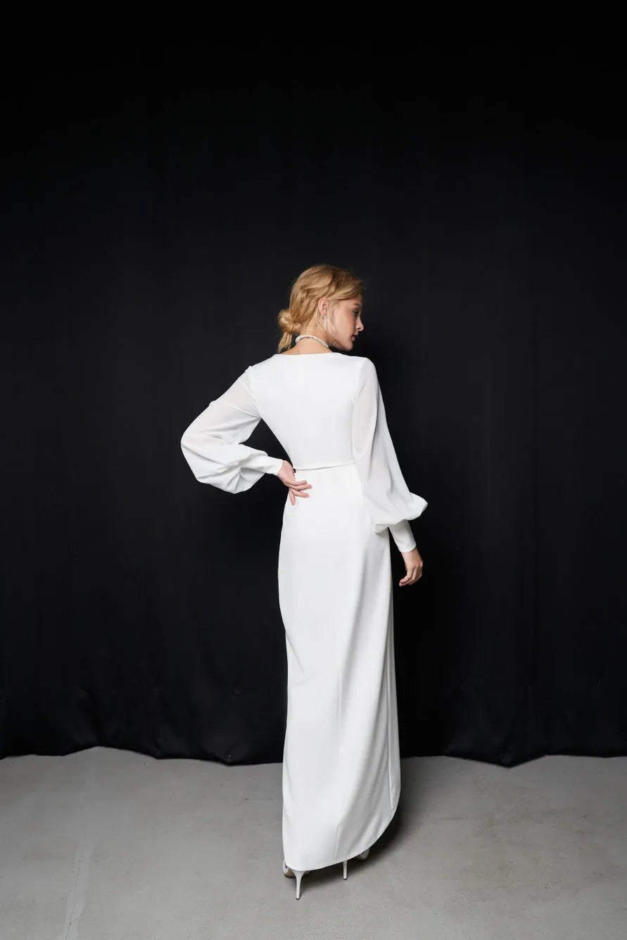 Wedding Dress with Chiffon Long Sleeves Bow Satin Court Train Mermaid Sleeves Modern Princess White Satin Bridal Gowns Mermaid Vestido De Novia Short Satin