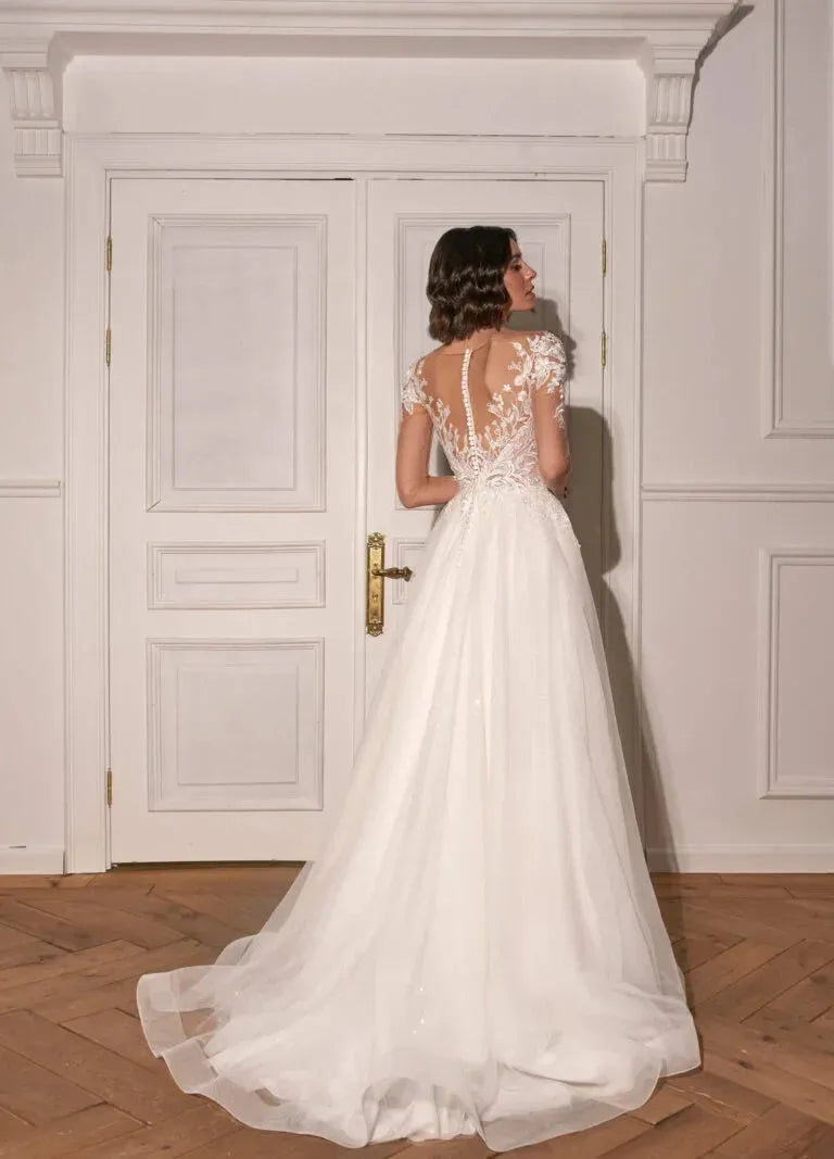 Elegant Classic A-Line Wedding Dress with Long Sleeves, Open Neckline, Embroidery Detailing, and Natural Waistline Satin