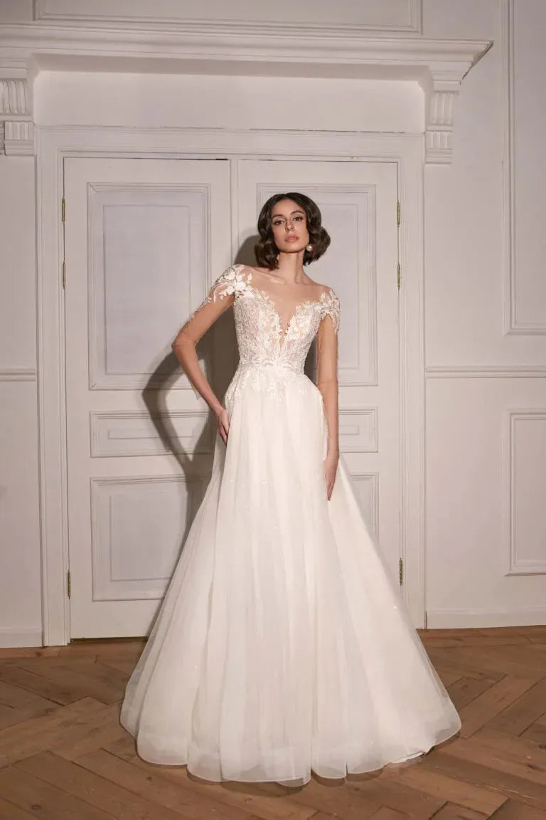 Elegant Classic A-Line Wedding Dress with Long Sleeves, Open Neckline, Embroidery Detailing, and Natural Waistline Satin