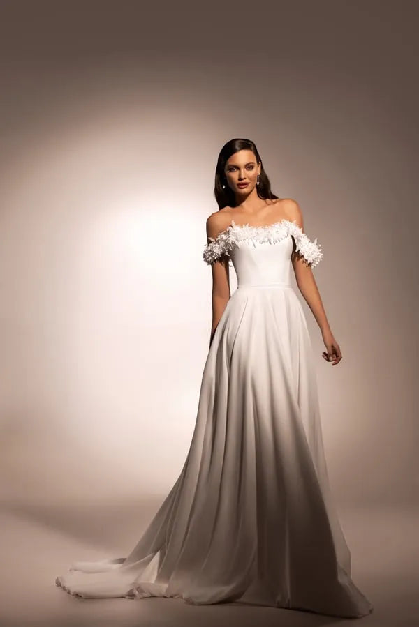Chic A-Line Wedding Gown with Boat Neckline, Dropped Straps, and Button Embellishments Satin