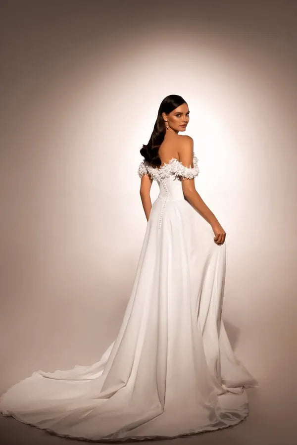 Chic A-Line Wedding Gown with Boat Neckline, Dropped Straps, and Button Embellishments Satin