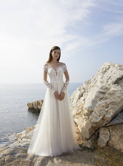 Vestido De Novia RODDRSYA con cuello redondo y manga larga, Vestidos De Novia con corte en A, ilusión De tul con botones, Vestidos De Novia De talla grande