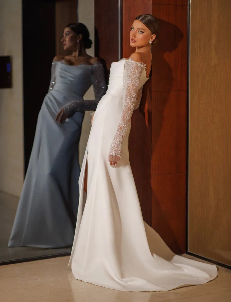 Elegant Mermaid Wedding Dresses Off Shoulder Lace Sleeves Brides Party Gowns High Side Slit Long Evening Dress for Bridals Ivory