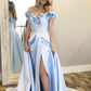 Princess 3D Flower Party Dress Baby Blue Evening Dresses Mermaid Vestidos De Noche With Train Cute Silk Prom Dress