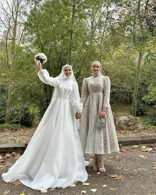 Muslim Wedding Dress | Vintage Organza Muslim Wedding Dress A Line Glitter Peals Prom Gown High Neck Robe De Mariage With Belt And Veil Ivory 14w