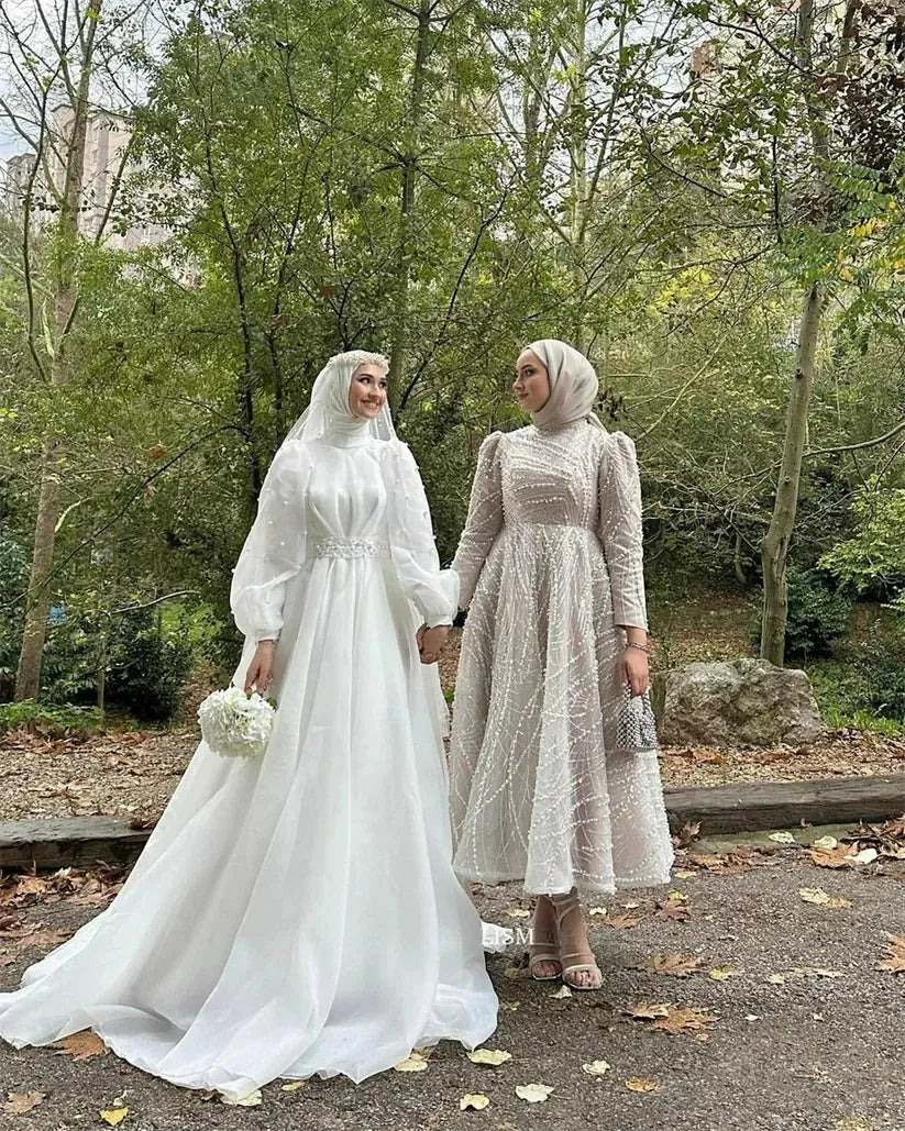 Muslim Wedding Dress | Vintage Organza Muslim Wedding Dress A Line Glitter Peals Prom Gown High Neck Robe De Mariage With Belt And Veil Ivory 14w