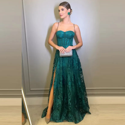 Green Lace A-Line Prom Dress Spaghetti Strap Sleeveless  فساتين مناسبة رسمية Sexy Side High Split Vestidos De Noche