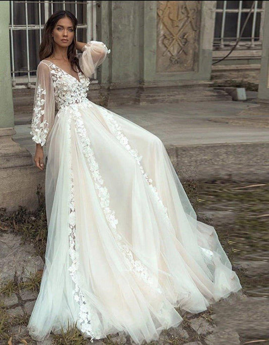 LAYOUT NICEB Boho Wedding Dresses Long Puff Sleeves Bridal Party Gowns Lace Flowers Tulle Sweep Train vestidos de novia playa