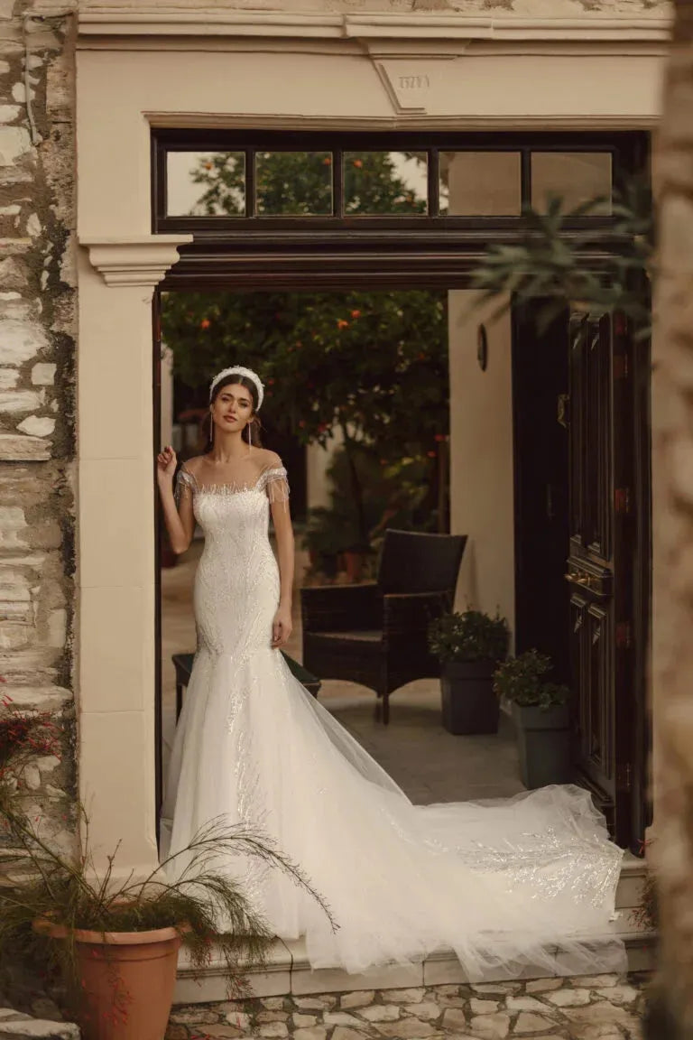 Serpentine-Mermaid Bridal Gown with Off-the-Shoulder Sleeves, Off-Shoulder Neckline, Embroidery Detailing, and Natural Waistline Satin