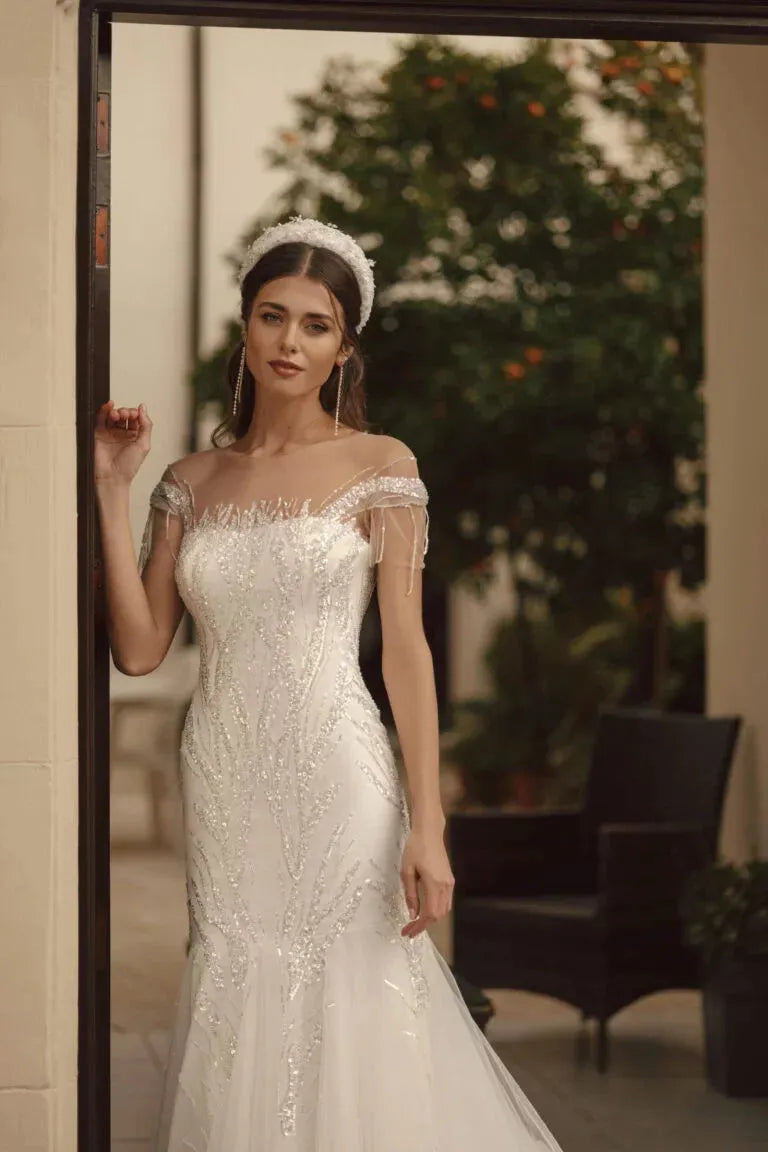 Serpentine-Mermaid Bridal Gown with Off-the-Shoulder Sleeves, Off-Shoulder Neckline, Embroidery Detailing, and Natural Waistline Satin