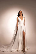 Sophisticated A-Line Wedding Gown with Deep Neckline, Sleeveless Design, and Button Embellishments Satin