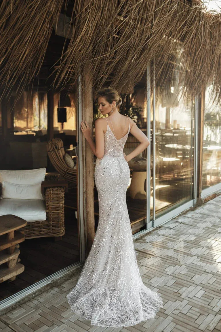 Modern Mermaid Wedding Dress with Spaghetti Straps, V-Neckline, Glitter Embellishments, and Natural Waistline Satin