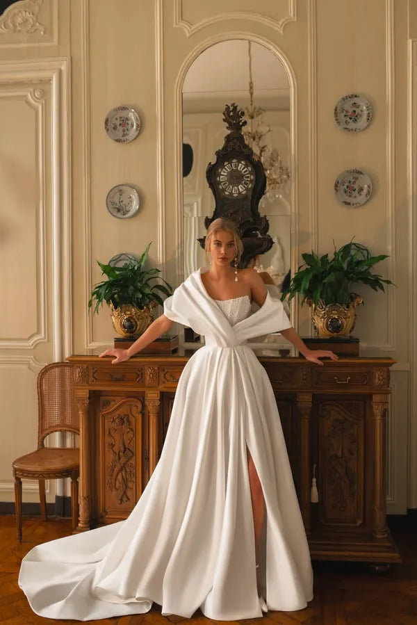 Charming Off the Shoulder Satin Pleated Weeding Dress Side Split Court Backless Wedding Gown Pearls Vestido De Novia Satin