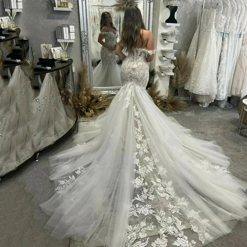 Vestidos de novia de sirena con escote corazón y hombros descubiertos, apliques de encaje sin espalda, vestido de novia campestre de talla grande 