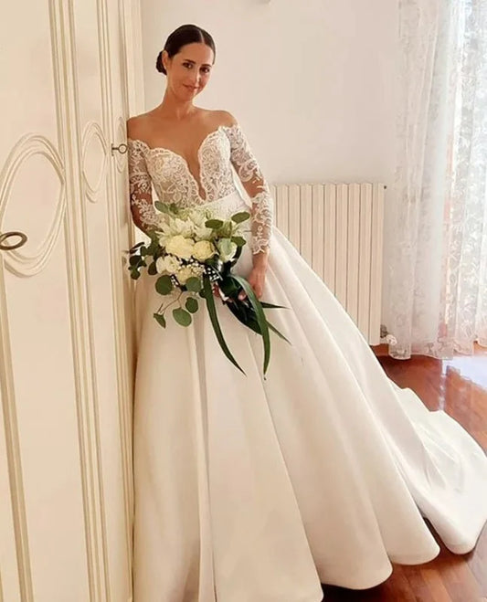 Gaun pengantin renda satin garis lengan panjang gaun pengantin lengan vestidos de novia nude sheer puteri gaun pengantin