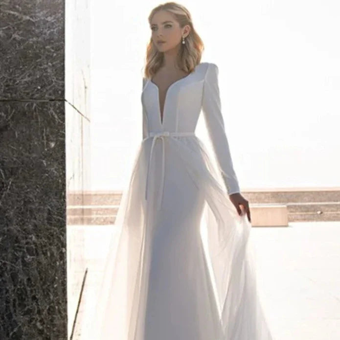 Amarestress semplice abito da sposa con scollo a v con treno staccabile bottone a maniche lunghe sirena moderna abito sposa da sposa vetta senza mariée