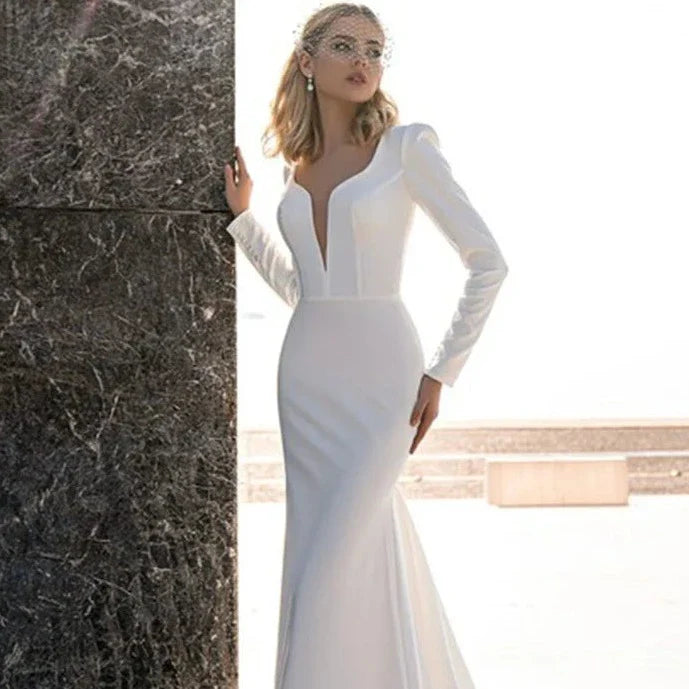 Amarestress semplice abito da sposa con scollo a v con treno staccabile bottone a maniche lunghe sirena moderna abito sposa da sposa vetta senza mariée