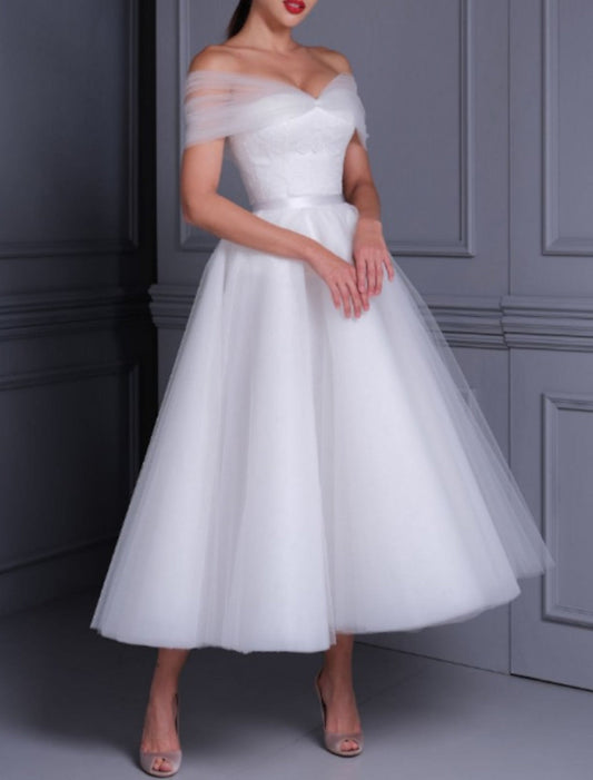 Nuevos vestidos de novia elegantes, hermosos y dulces, cortos, de gasa con hombros descubiertos, vestidos bonitos y preciosos en forma de A con cuentas de princesa