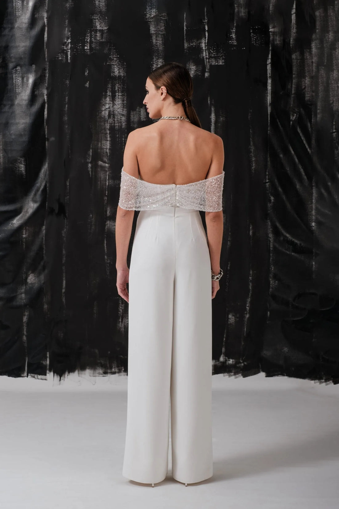 Off-the-Shoulder Strapless Sequin Wedding Jumpsuit Modern Wedding Dress Gown Satin Princess Bridal Mermaid Bow Satin Court Train Sleeves Vestido De Novia Satin