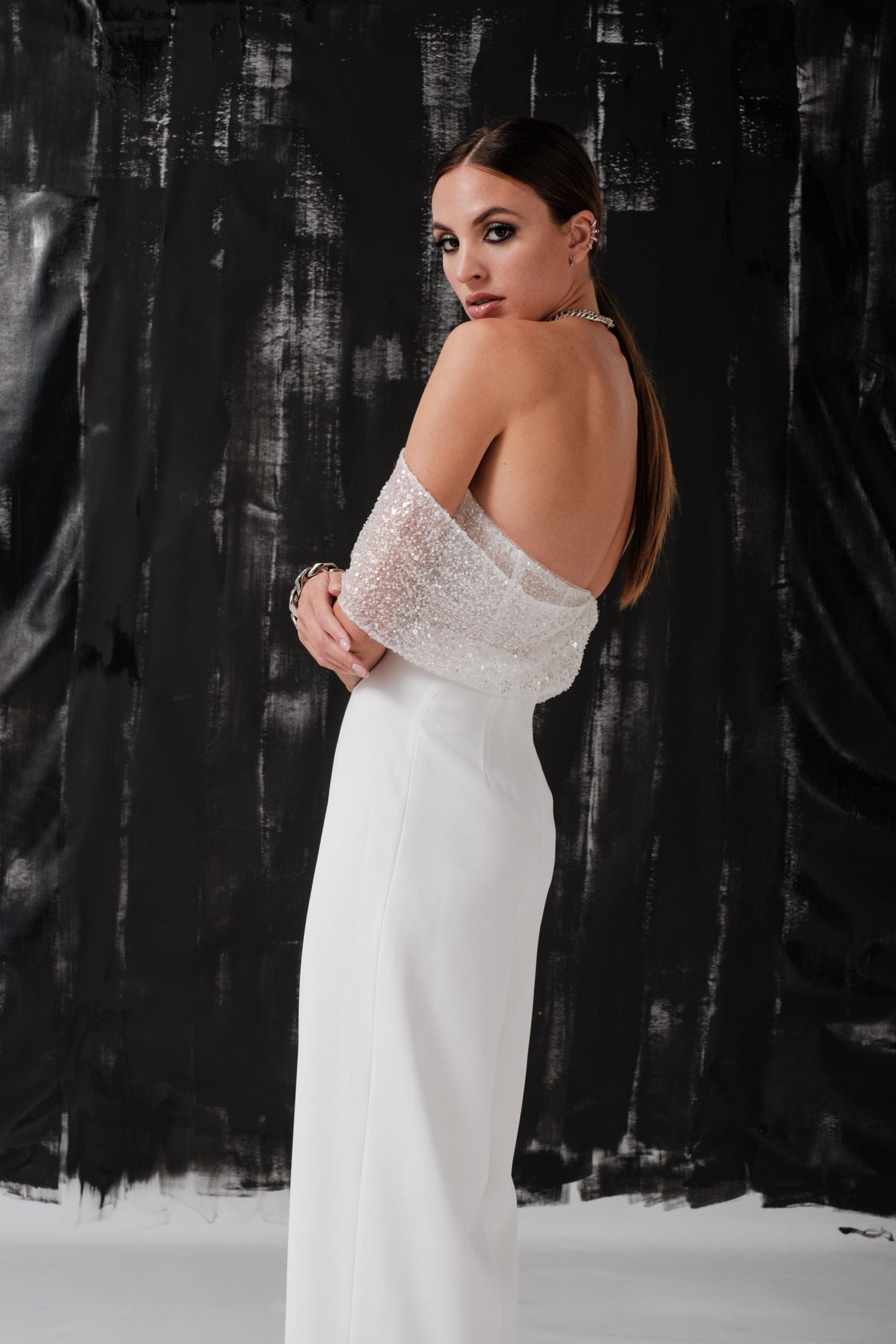 Off-the-Shoulder Strapless Sequin Wedding Jumpsuit Modern Wedding Dress Gown Satin Princess Bridal Mermaid Bow Satin Court Train Sleeves Vestido De Novia