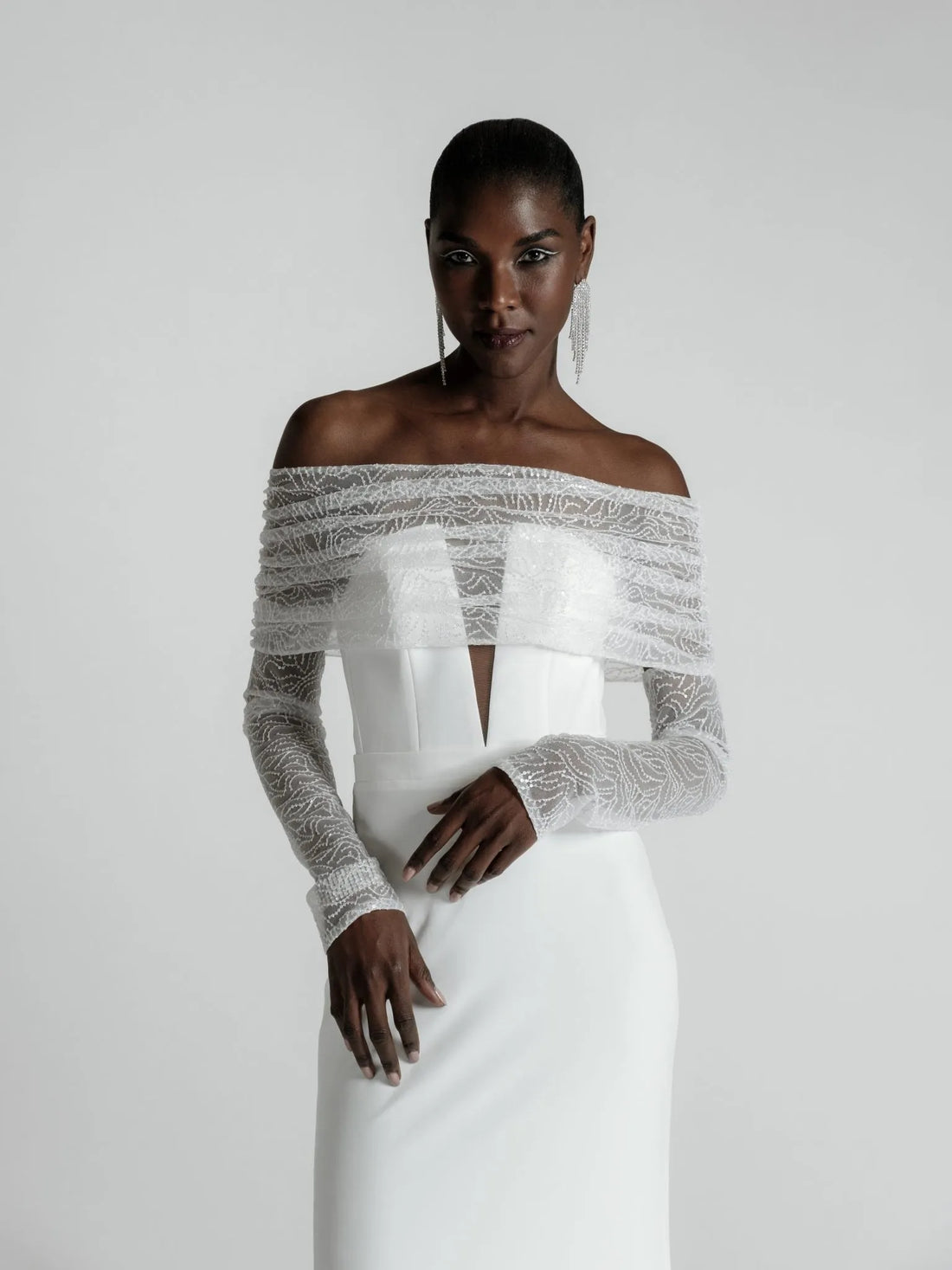 Wedding Bandeau Top with Sequin Modern Wedding Dress Vestido De Novia Gown Satin Princess Bridal Mermaid Bow Satin Court Train Sleeves Satin