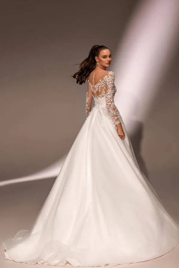 Elegant V Neck Women Wedding Dresses Sexy Long Sleeves A-Line Bridal Gowns Princess Engagement Ball Vestidos De Novia Customized Satin