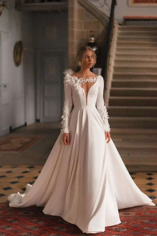 Deep V Neck Long Sleeve Crepe A Line Wedding Dress Elegant Flowers Open Floor Length Court Train Bridal Gown Satin