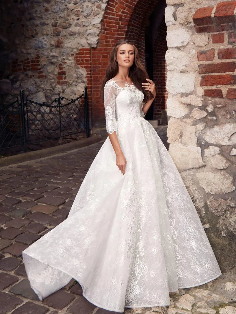 Full Lace Wedding Dresses Beach Boho Bridal Gown Plus Size Half Sleeve O-nek illusion Wedding Gown Custom Made Vintage Ivory