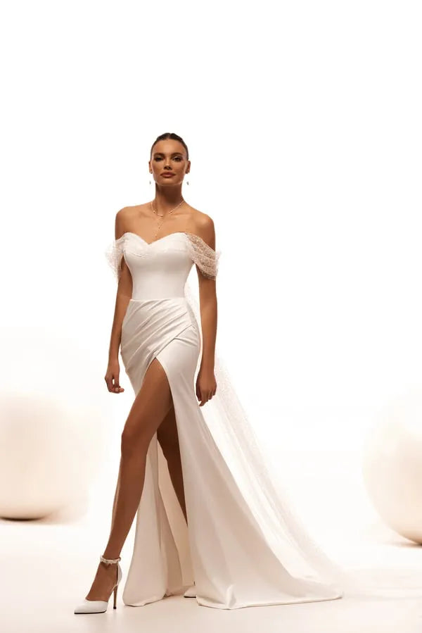 Classy Long Satin Off Shoulder Wedding Dresses with Slit Mermaid Pleated Lace Up Back Sweep Train Bridal Gowns Satin