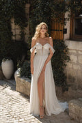 Beach A-Line Bridal Dress with Off-the-Shoulder Sleeves and Natural Waistline Satin