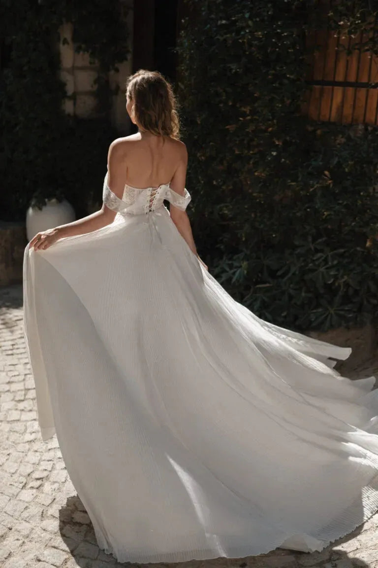 Beach A-Line Bridal Dress with Off-the-Shoulder Sleeves and Natural Waistline Satin