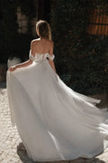Beach A-Line Bridal Dress with Off-the-Shoulder Sleeves and Natural Waistline Satin