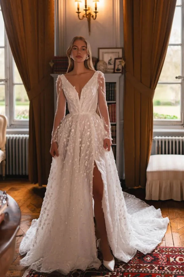 Stunning A-Line Marriage Gown with Long Sleeves, V-Neckline, Glitter Embellishments, and a Natural Waistline for an Elegant Bridal Look Satin