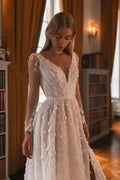 Stunning A-Line Marriage Gown with Long Sleeves, V-Neckline, Glitter Embellishments, and a Natural Waistline for an Elegant Bridal Look Satin