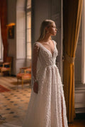 Stunning A-Line Marriage Gown with Long Sleeves, V-Neckline, Glitter Embellishments, and a Natural Waistline for an Elegant Bridal Look Satin