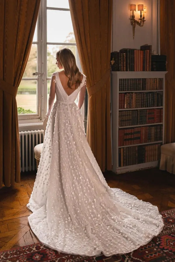 Stunning A-Line Marriage Gown with Long Sleeves, V-Neckline, Glitter Embellishments, and a Natural Waistline for an Elegant Bridal Look Satin