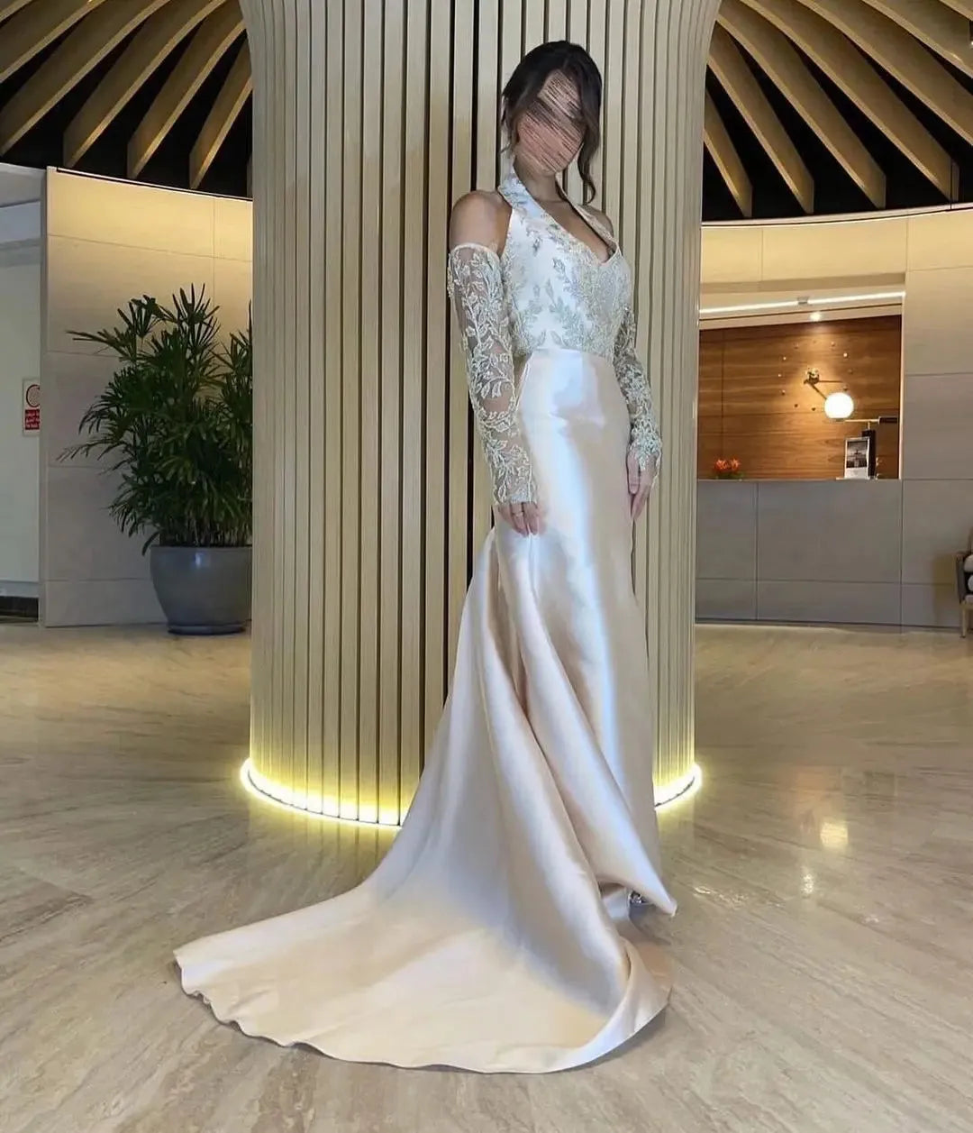 Elegant Halter Neck فساتين السهرة Rose Gold Vestidos De Noche Embroid فساتين مناسبة رسمية Sequins Sleeve Prom Dress as pic