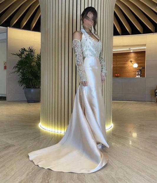 Elegant Halter Neck فساتين السهرة Rose Gold Vestidos De Noche Embroid فساتين مناسبة رسمية Sequins Sleeve Prom Dress