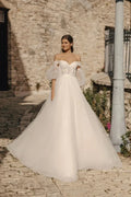 A-Line Wedding Gown with Puff Sleeves, Off-Shoulder Neckline, Glitter Embellishments, and Natural Waistline Satin
