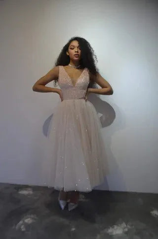 Glitter Midi Wedding Dress Satin Mermaid Princess Bridal Gown Bow Vestido De Novia Simple Court Train Dress Satin