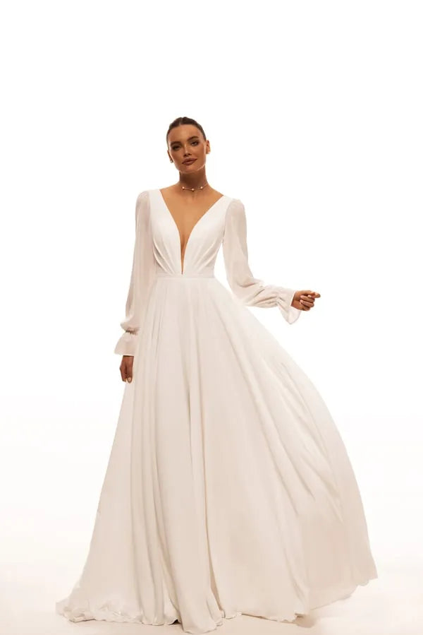 Elegant A-Line Bridal Dress with V-Neckline, Long Sleeves, and Zipper Detail Satin