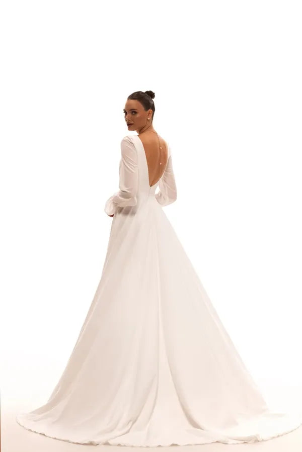 Elegant A-Line Bridal Dress with V-Neckline, Long Sleeves, and Zipper Detail Satin