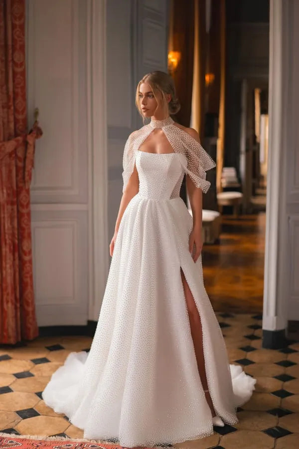 Glitter Tulle Princess Wedding Dresses A Line Bride Dress Side Split Pleats Wedding Gowns Satin